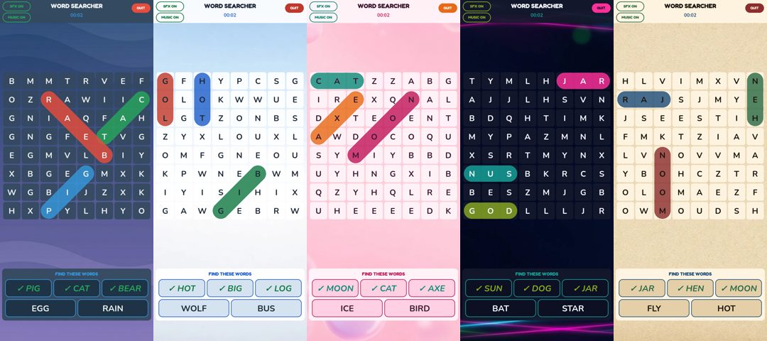 Word Searcher Puzzle game board in five themes side by side: Night Blue, Light, Bubble Pink, Neon Lights and Traditional Crossword